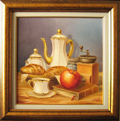 Breakfast - Still life with coffee, croissants and apple.